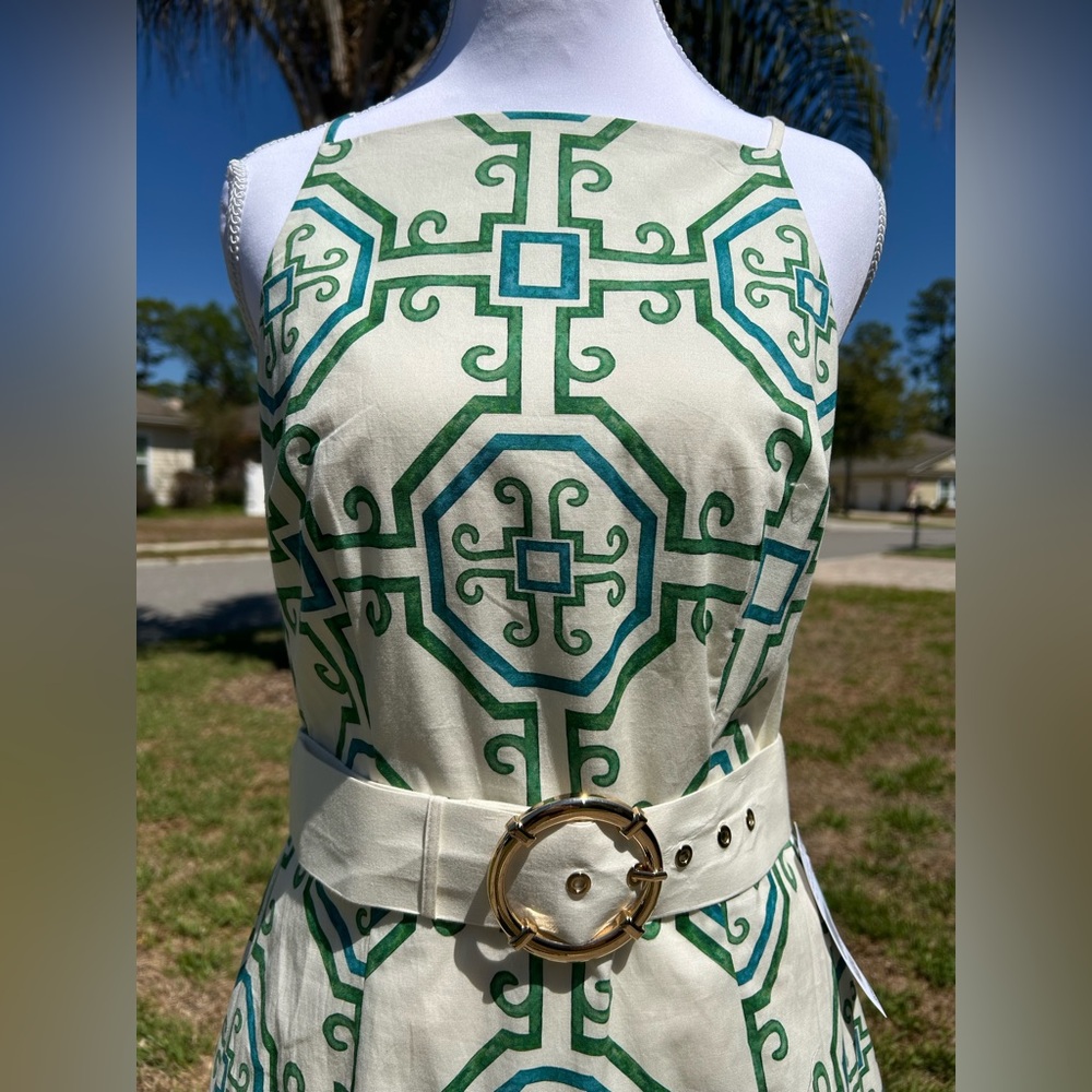 NWT🌷Mestiza N.Y. Havana Print Poplin High Square Neck Fit-and-Flare Mini Dress - Picture 3 of 12